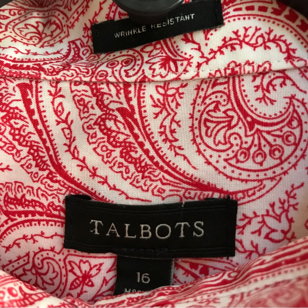 Talbots blouse size 16 button down red and white paisley cotton spandex - Picture 3 of 7